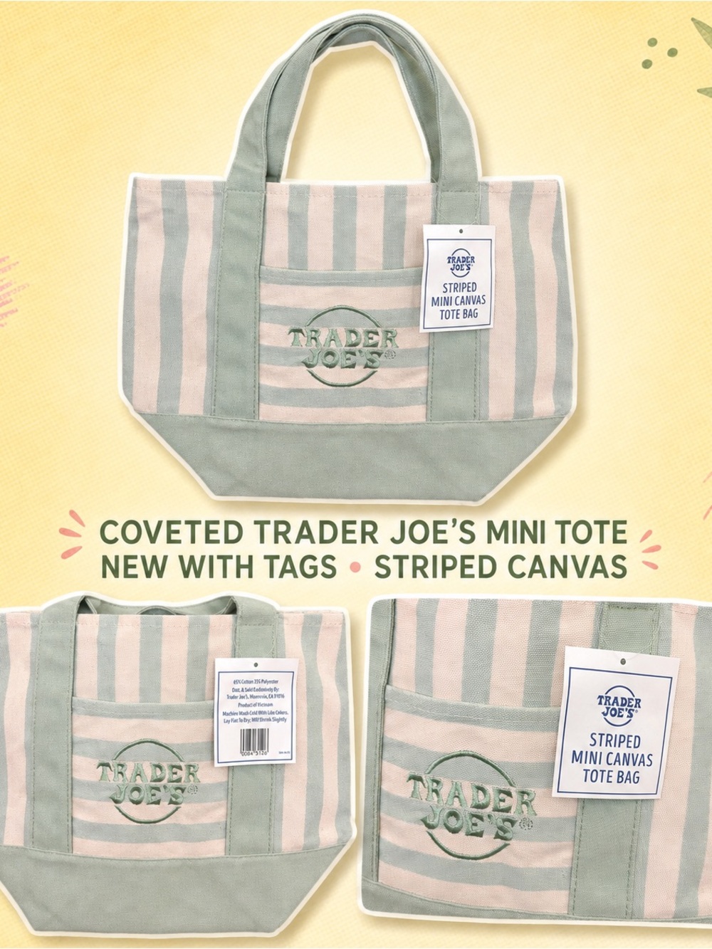 Trader Joe’s Striped Mini Canvas Tote - Sage Green & Cream